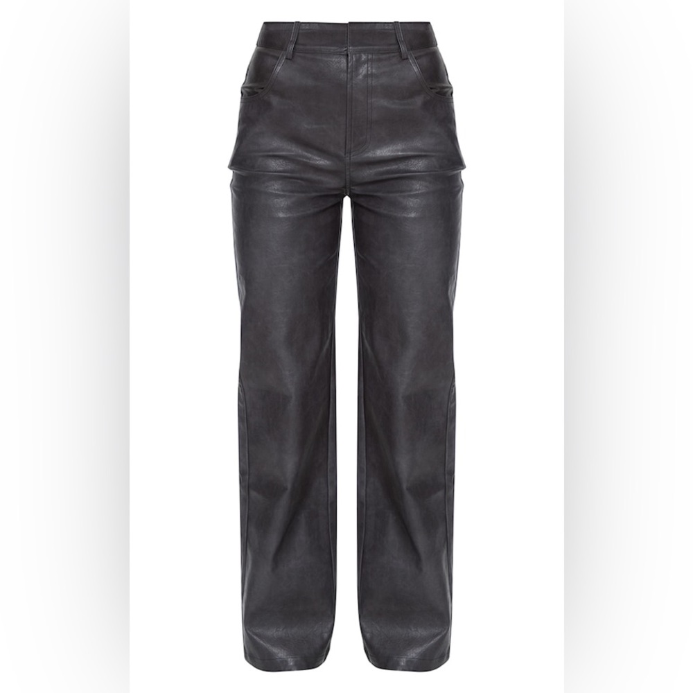 Pretty Little Thing Washed Black Faux Leather Straight Leg Trousers US 10 New - Picture 7 of 11